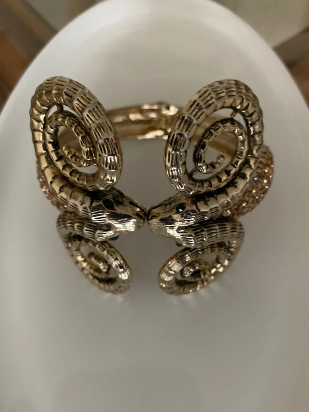 Stunning Vintage Double Rams Head Hinged Bangle Bracelet- Pave Rhinestones